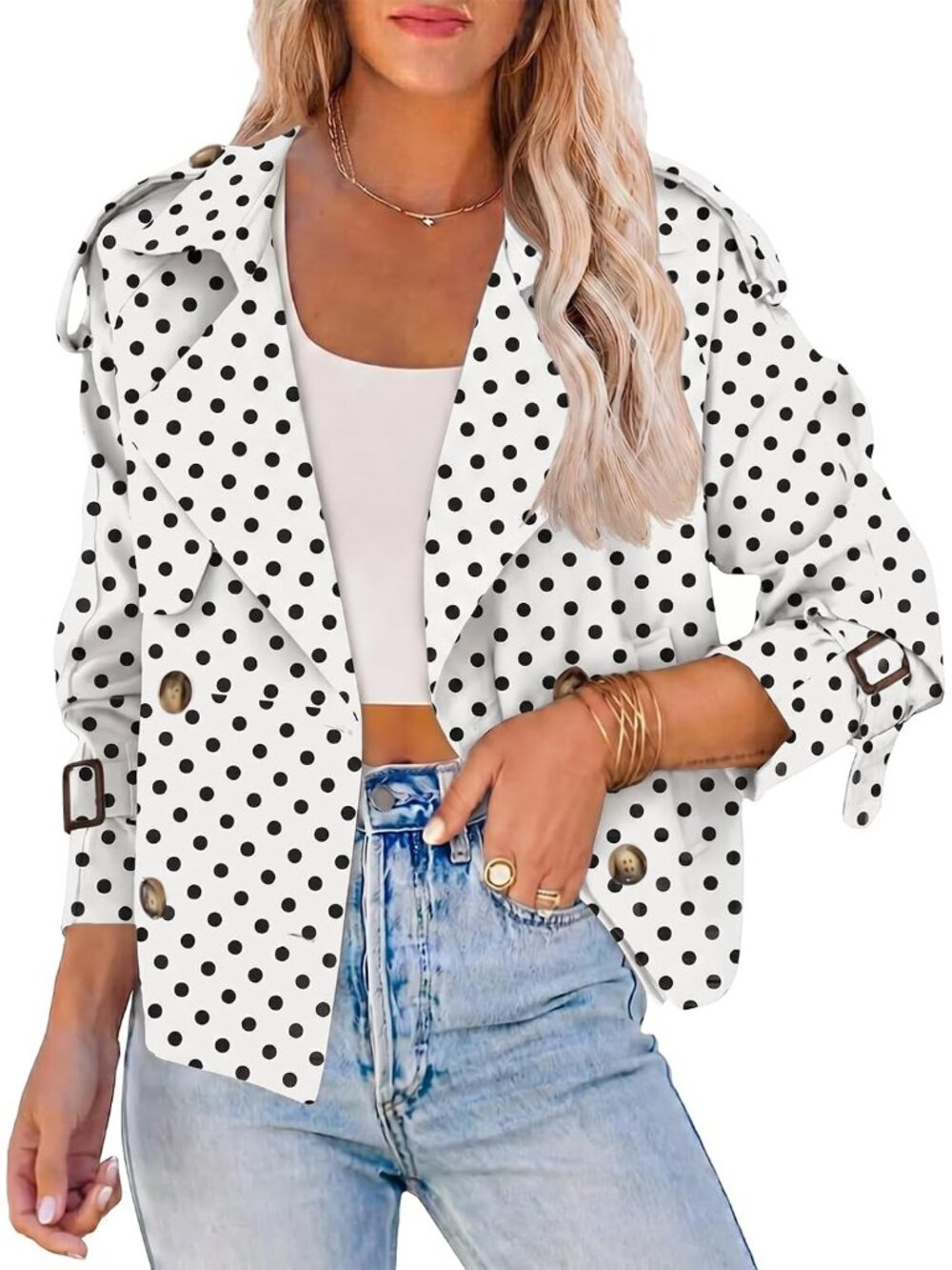 Women's White Polka Dots Cropped Raglan Sleeve Lapel Double Breasted Trench Coat